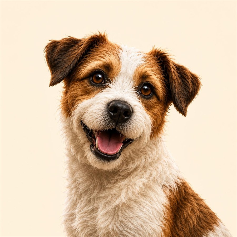 Pippo, a scruffy tan and white terrier, smiling at the camera